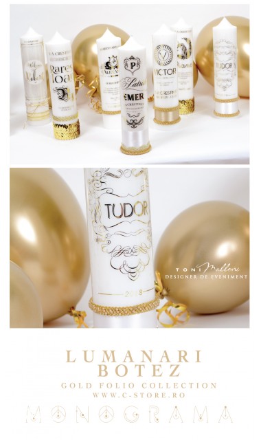 Lumanare de botez personalizata, print folio gold, 30x8cm, Tudor  2